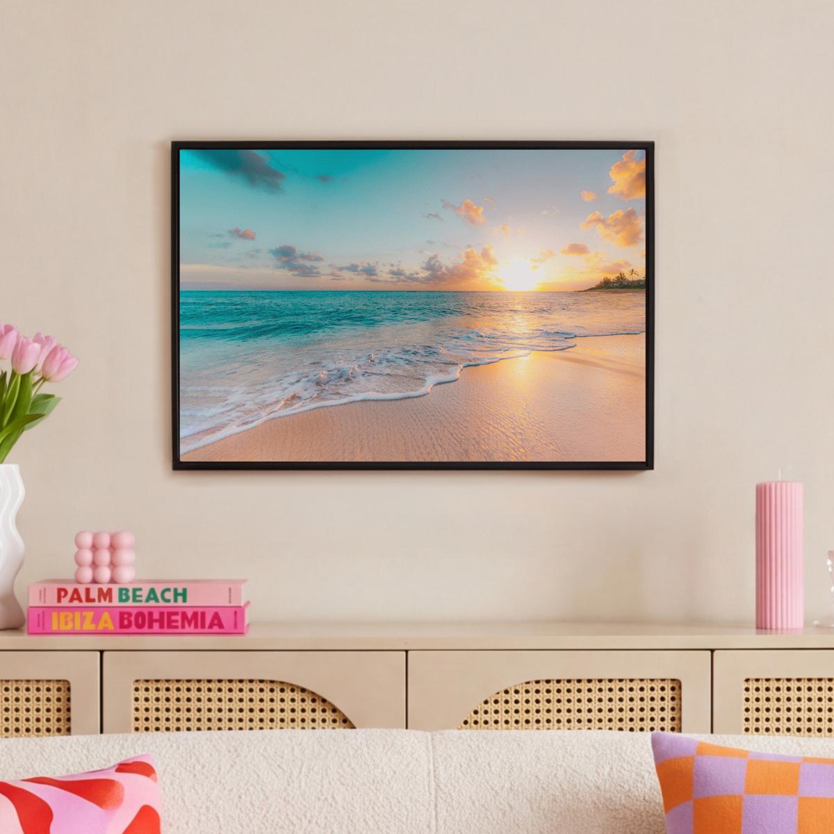 LEINWAND Bilder mit Rahmen - Sonnenuntergang - Strand - Meer - Sommer - Blau - 60x40 - Multicolor, Textil (60/40cm) - MuchoWow
