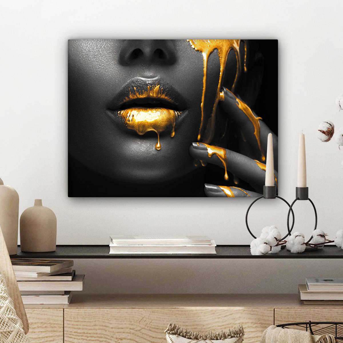 LEINWANDBILD Frau - Schwarz - Gold - Gesicht - Lippen Wandbild 40x30 cm - Goldfarben, Textil (40/30cm) - MuchoWow