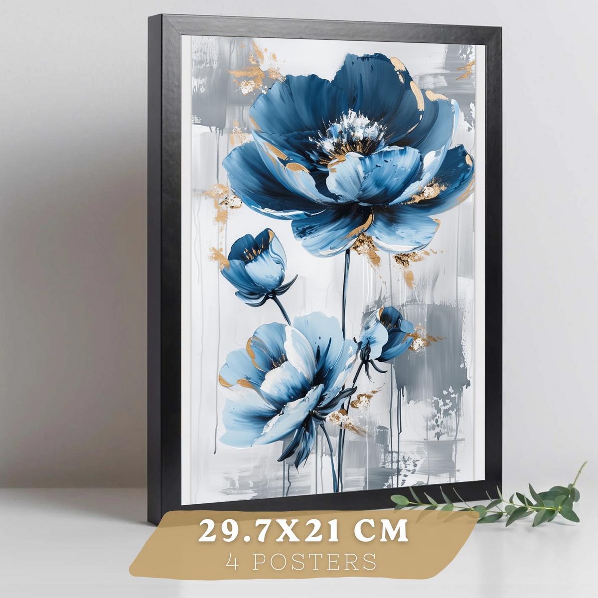 POSTER 4er Kunstdruck-Set Wandbilder Blumen Blau Schmetterlinge modern Wohnzimmer Deko, Schlafzimmer, Küche, Badezimmer Rahmenlos A3 - Schwarz, Papier (29.7/1/42cm) - Nacnic