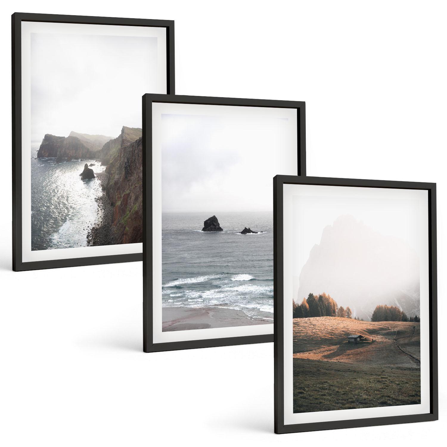 BILDER SET 3er Set - 40x60 cm Schwarzer Rahmen - Landschaften aus Bergen und Meer - Schwarz, Kunststoff (40/60cm) - TULUP