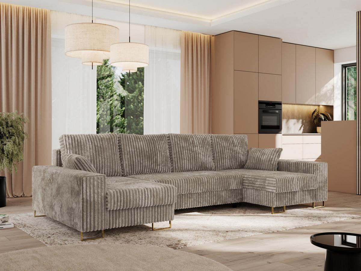 WOHNLANDSCHAFT DORIAN U Cord Hellbraun - Hellbraun/Goldfarben, Textil/Metall (312/85/138cm) - MKS