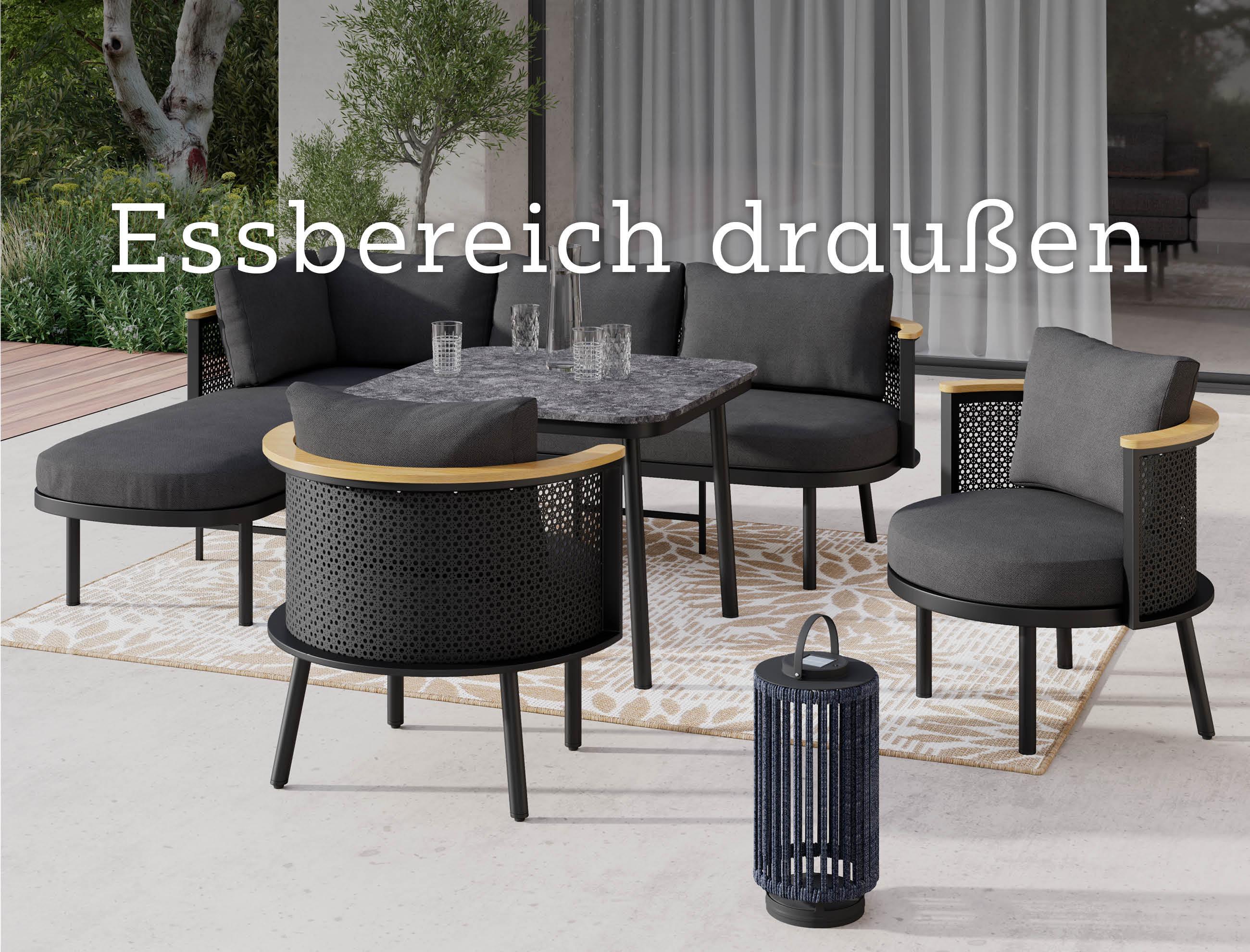 Dunkelgraue Loungegarnitur, Wording: Essbereich draußen, mobile