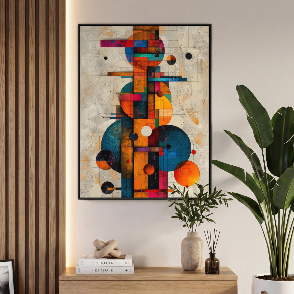 LEINWAND Bilder mit Rahmen - Vintage - Moderne Kunst - Orange - Geometrische Formen - 70x100 - Multicolor, Textil (70/100cm) - MuchoWow