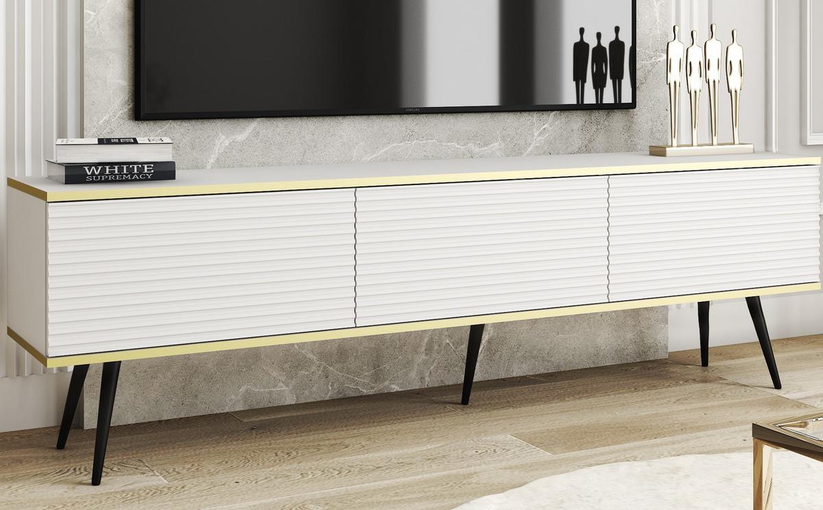 TV-SCHRANK Oris Weiß matt mit schwarzen Beinen Glamour Style 175 cm - Schwarz/Weiß, Holzwerkstoff/Metall (175/53/32cm) - Meble Lindner
