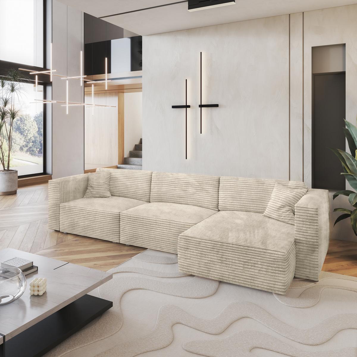 ECKSOFA TOLMO Creme Kordstoff mit Schlaffunktion - Creme/Grau, Holz/Kunststoff (347/148cm) - MASSENO