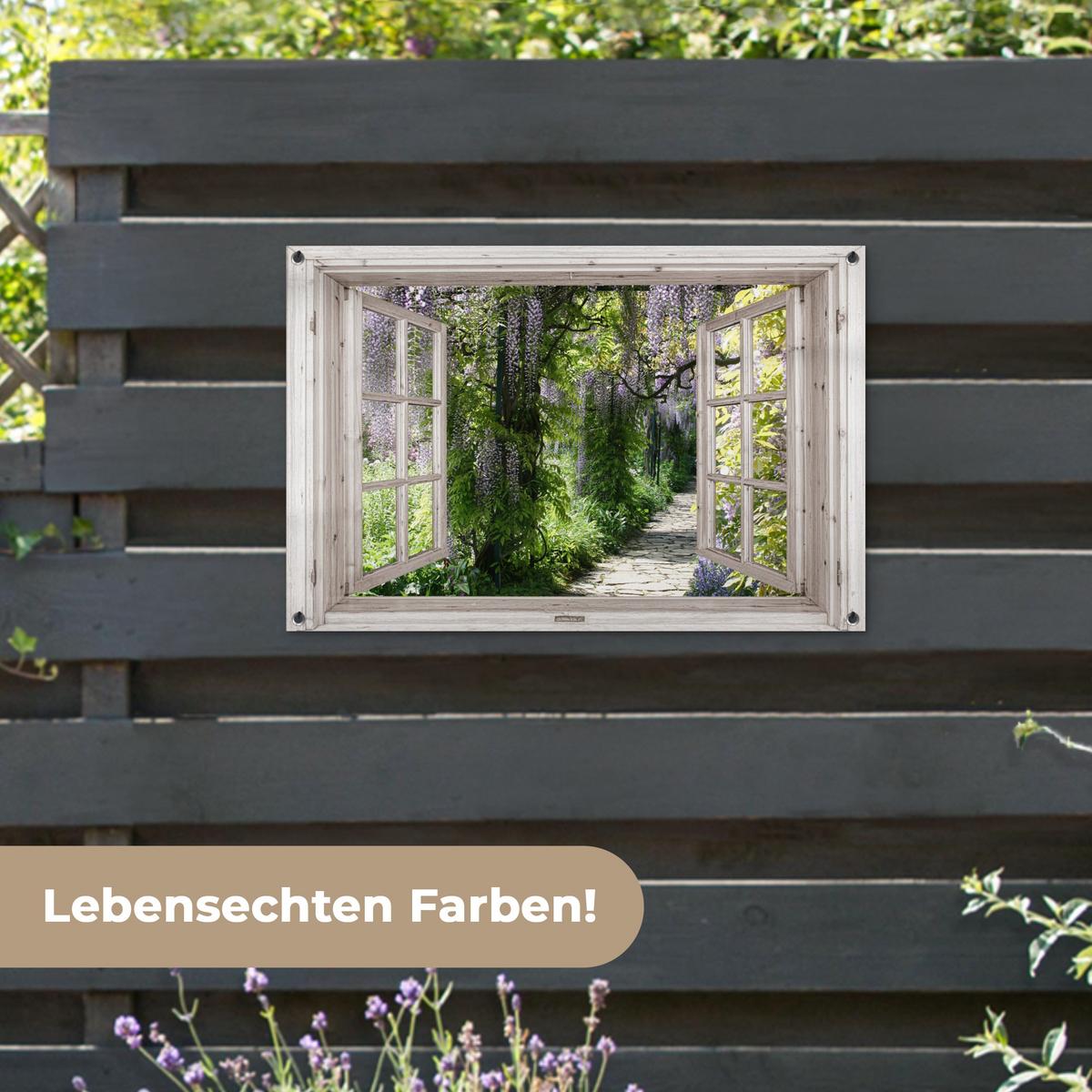 GARTENPOSTER Blauer Regen - Blumen - Aussicht - Baum - Frühling Gartendeko 90x60 cm - Beige, Kunststoff (90/60/0.2cm) - OnlyWow