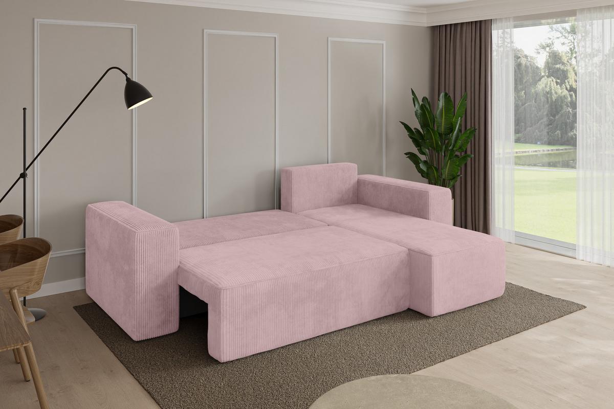 ECKSOFA mit Schlaffunktion Ottomane Rechts SENO-L 249x139x85 Rosa Cord - Schwarz/Rosa, Holzwerkstoff/Kunststoff (249/139cm) - ALTDECOR