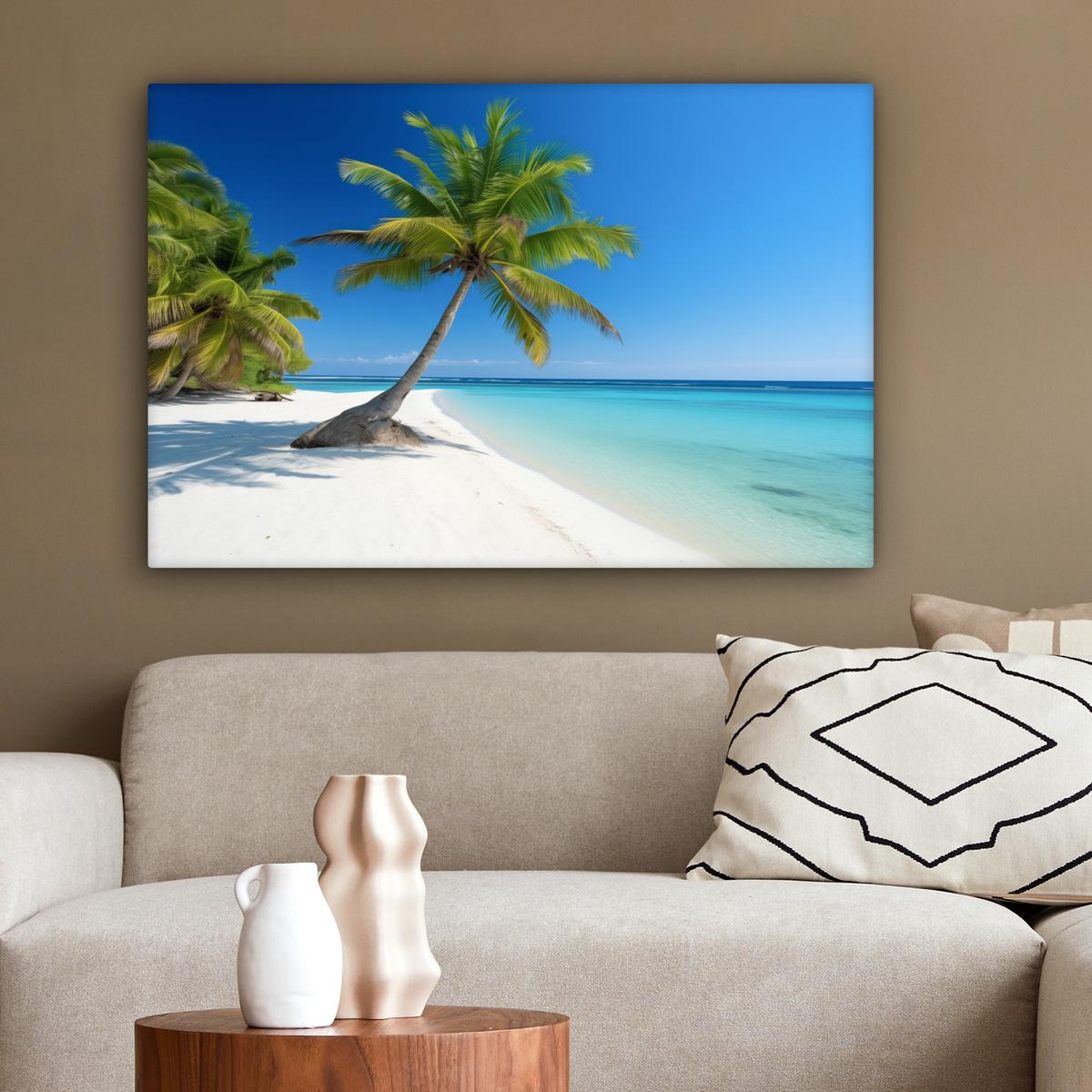LEINWANDBILD Strand - Palme - Tropisch - Meer Wanddeko 90x60 cm - Grün, Textil (90/60cm) - MuchoWow