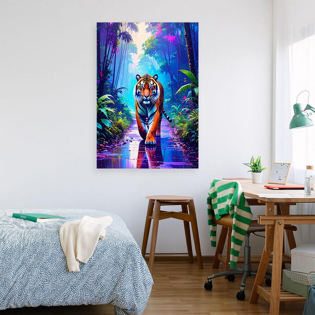 LEINWANDBILD Tiger auf der Straße Dschungel 60x90cm - Multicolor, Textil (60/90cm) - Feeby
