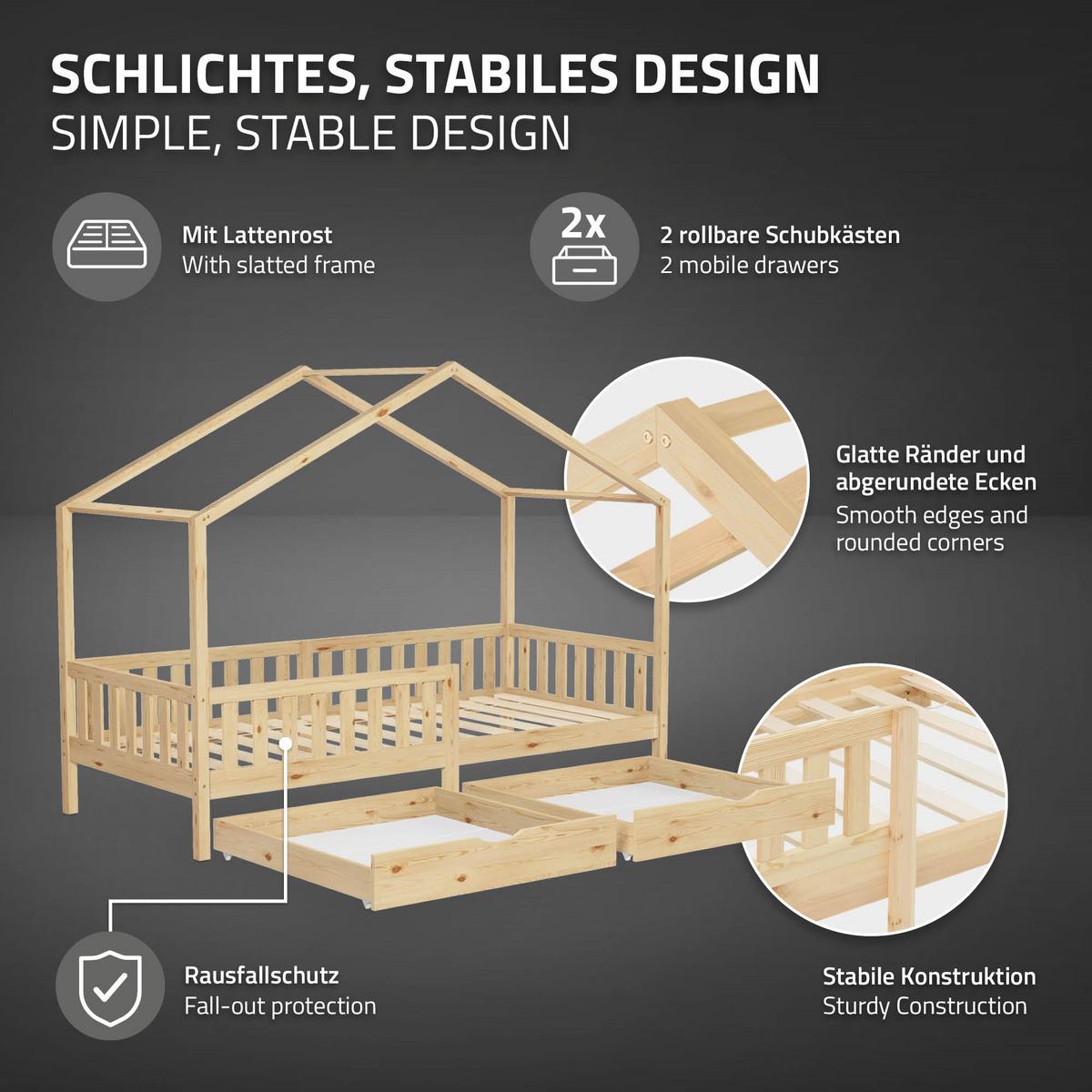 HAUSBETT 90x200 cm Natur aus Kiefernholz mit 2 Schubladen und Rausfallschutz - Beige, Holz (90/200cm) - ML-DESIGN