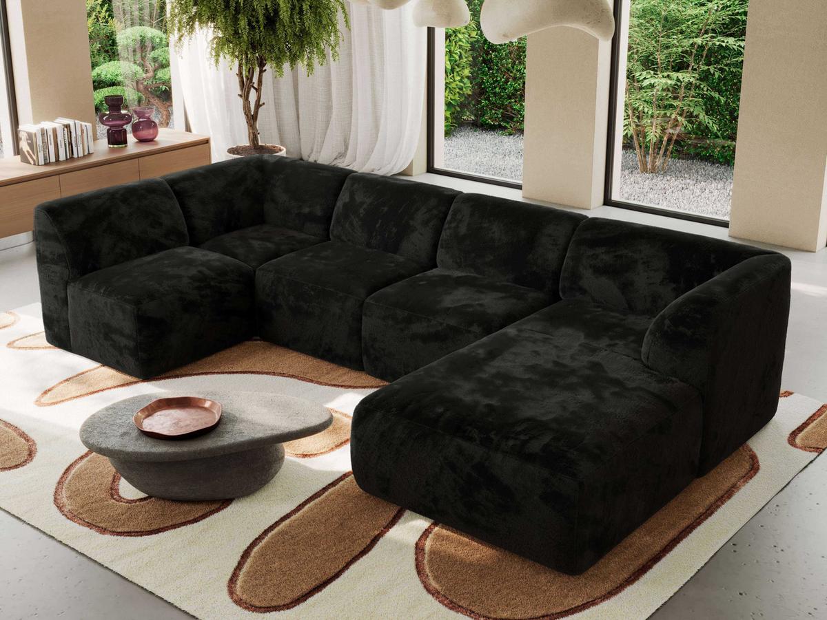 WOHNLANDSCHAFT MODARO U 5M - Schwarz Plüsch - Rechts - Schwarz, Textil (345/78/180cm) - MKS