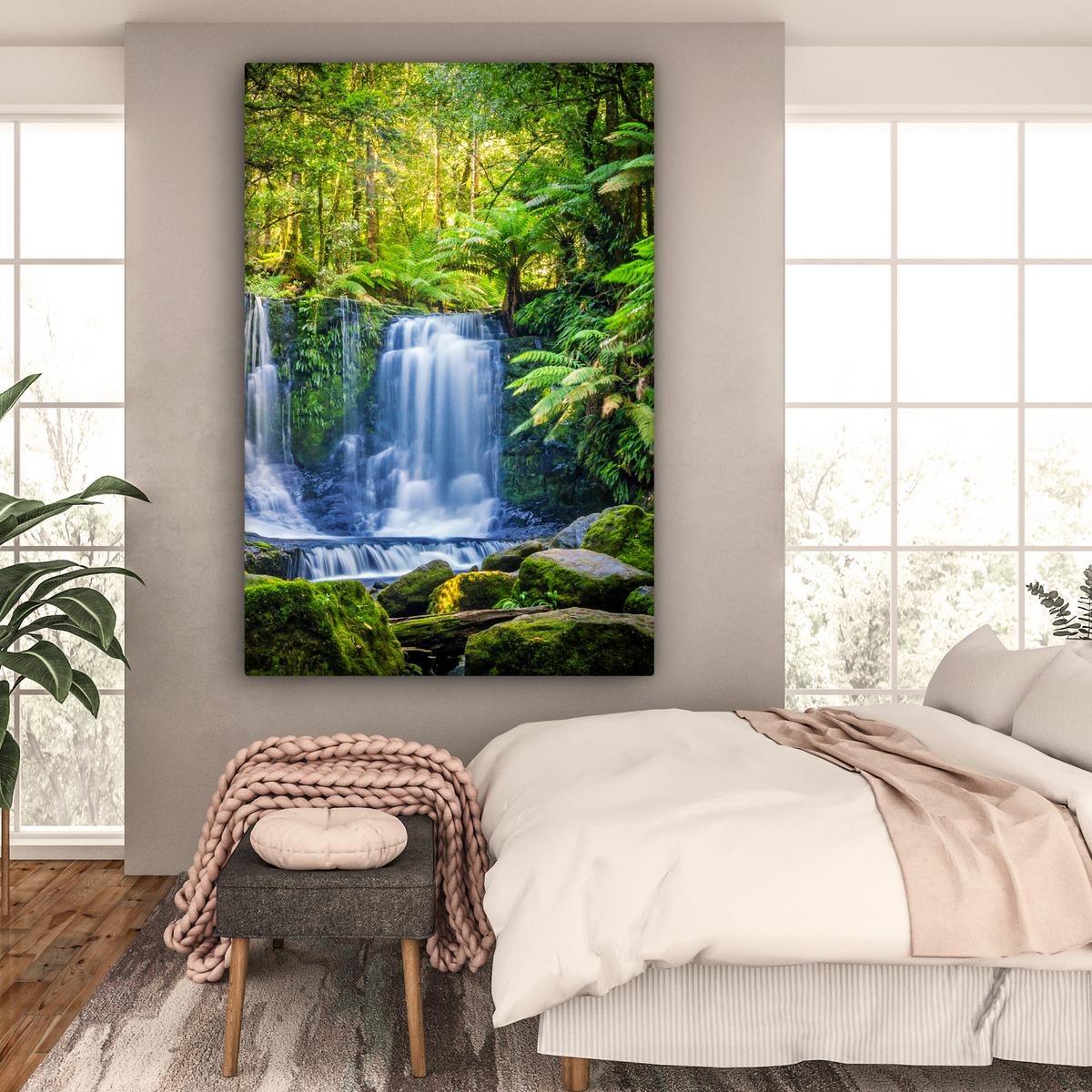 LEINWANDBILD Dschungel - Wasserfall - Australien - Pflanzen - Natur Deko Groß 90x140 cm - Dunkelgrün, Textil (90/140cm) - MuchoWow