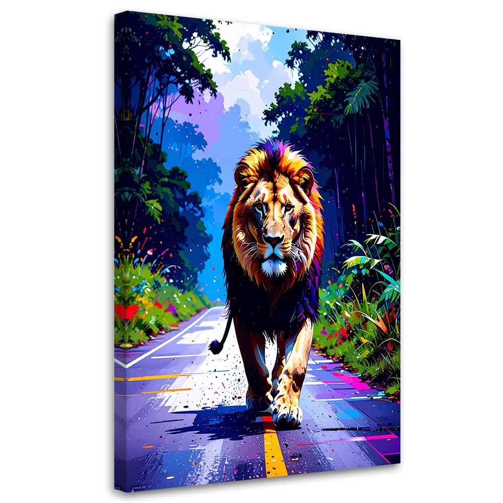 LEINWANDBILD Löwe auf der Straße Dschungel 80x120cm - Multicolor, Textil (80/120cm) - Feeby