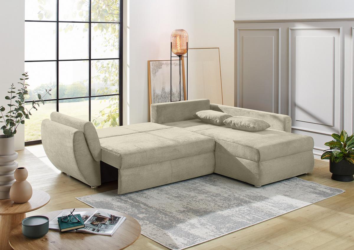 ECKSOFA mit Schlaffunktion und Bettkasten, seitenverkehrt montierbar B272/T200/H88 cm, Liegefläche 128x224 cm, Cord Beige Grau / 15227 - Chromfarben/Greige, Kunststoff/Textil (272/200cm) - luma-home