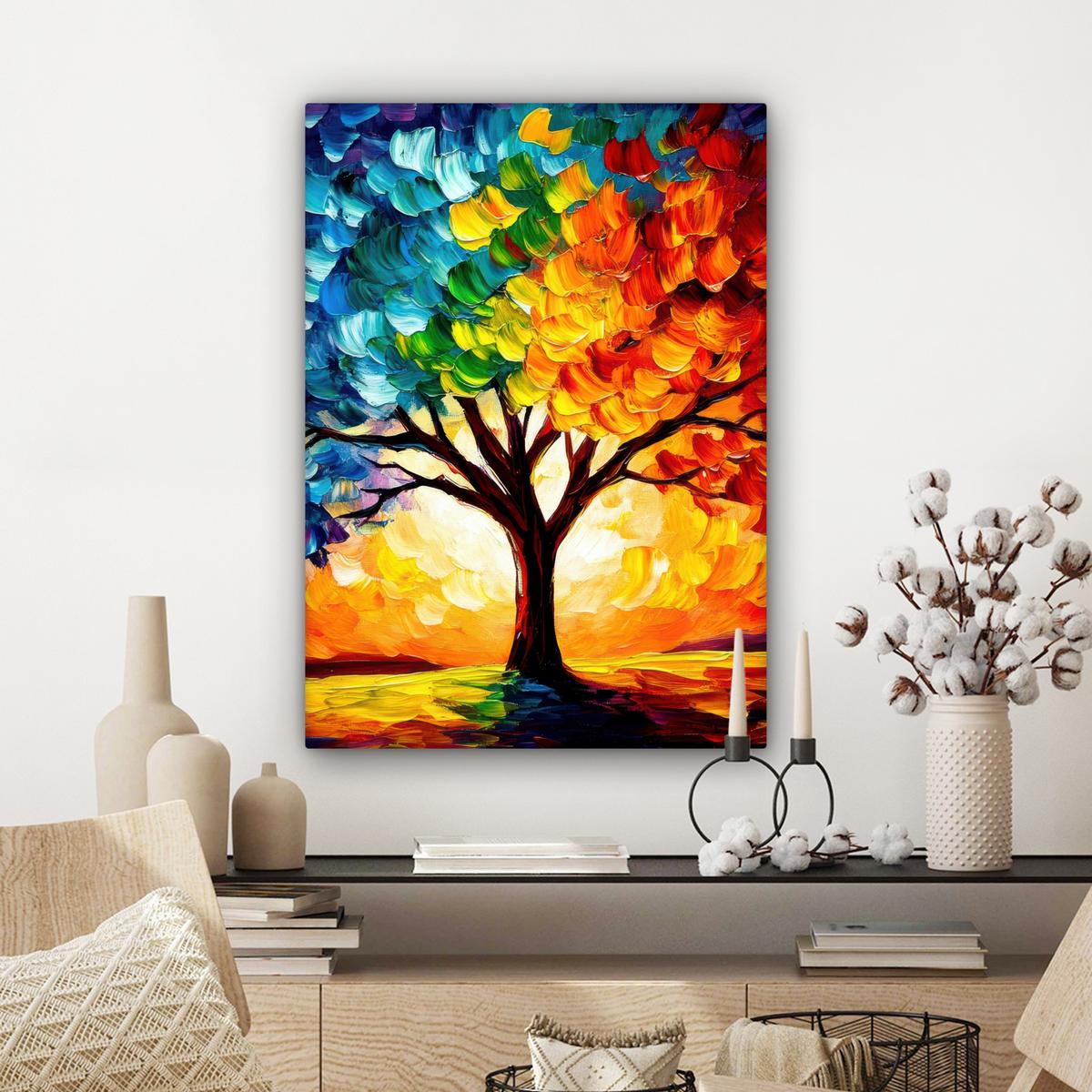 LEINWANDBILD Baum - Kunst - Natur - Sonnenuntergang Wandbild Wohnzimmer 60x80 cm - Multicolor, Textil (60/80cm) - MuchoWow
