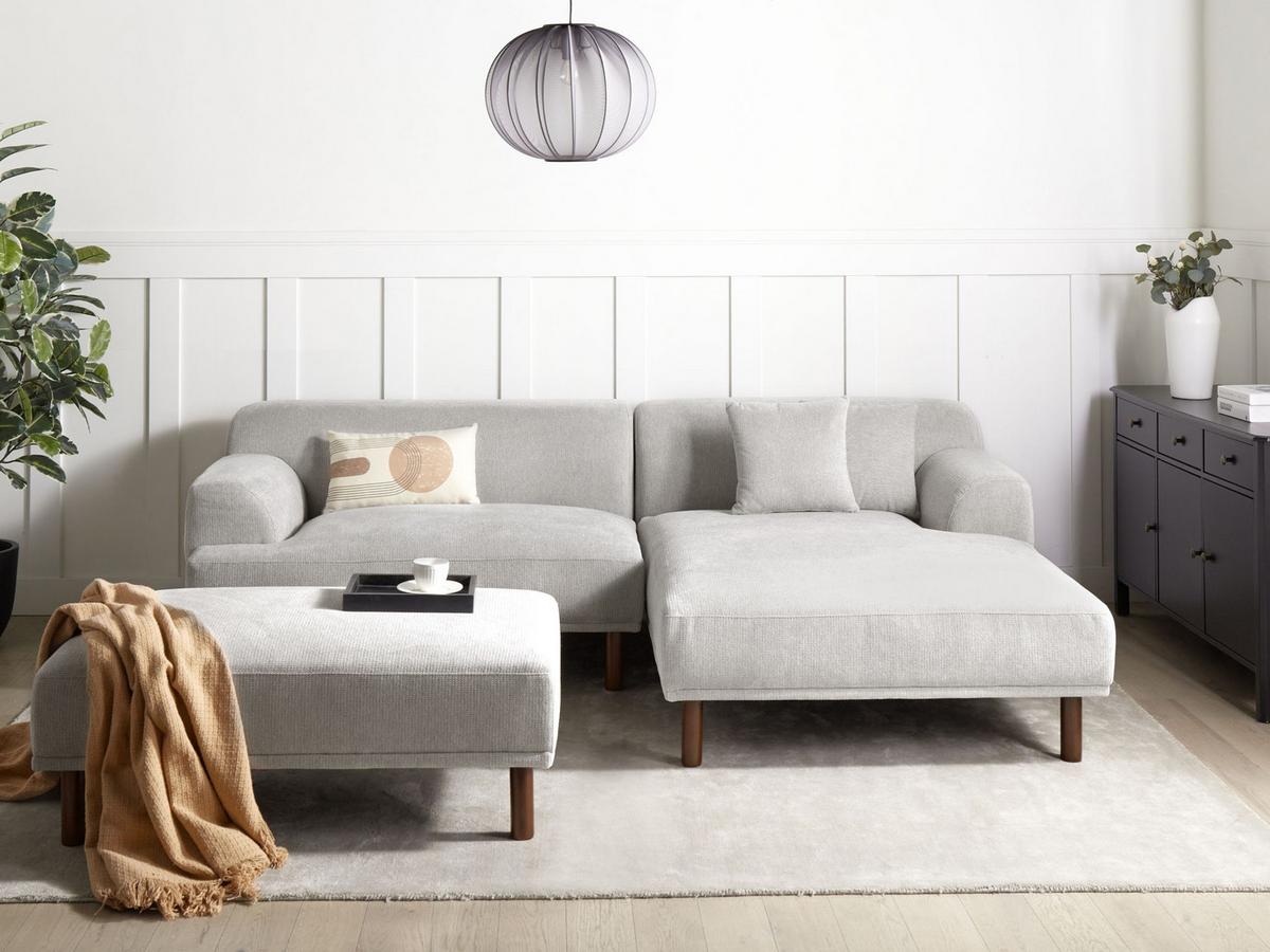 ECKSOFA 3-Sitzer Stoff Hellgrau mit Ottomane linksseitig Holt - Hellgrau, Textil (241/159cm) - Beliani