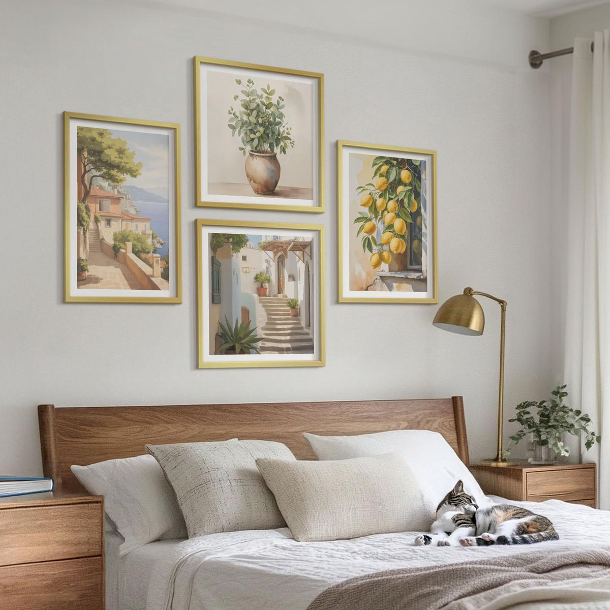 BILDER SET 4er Set - 50x50 cm & 40x60 cm Goldrahmen - Blumen in einer Vase, ein Meer aus Zitronen - Goldfarben, Kunststoff (50/50cm) - TULUP