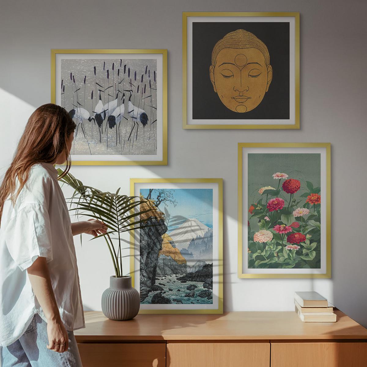 BILDER SET 4er Set - 50x50 cm & 40x60 cm Goldrahmen - Japanische Natur und Japandi-Stil - Goldfarben, Kunststoff (50/50cm) - TULUP