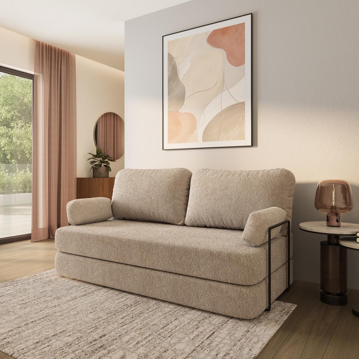 BETTSOFA NIKSI aus Schaumstoff Bucle-Stoff Beige Schlaffunktion - Beige, Textil (170/86/80cm) - MASSENO