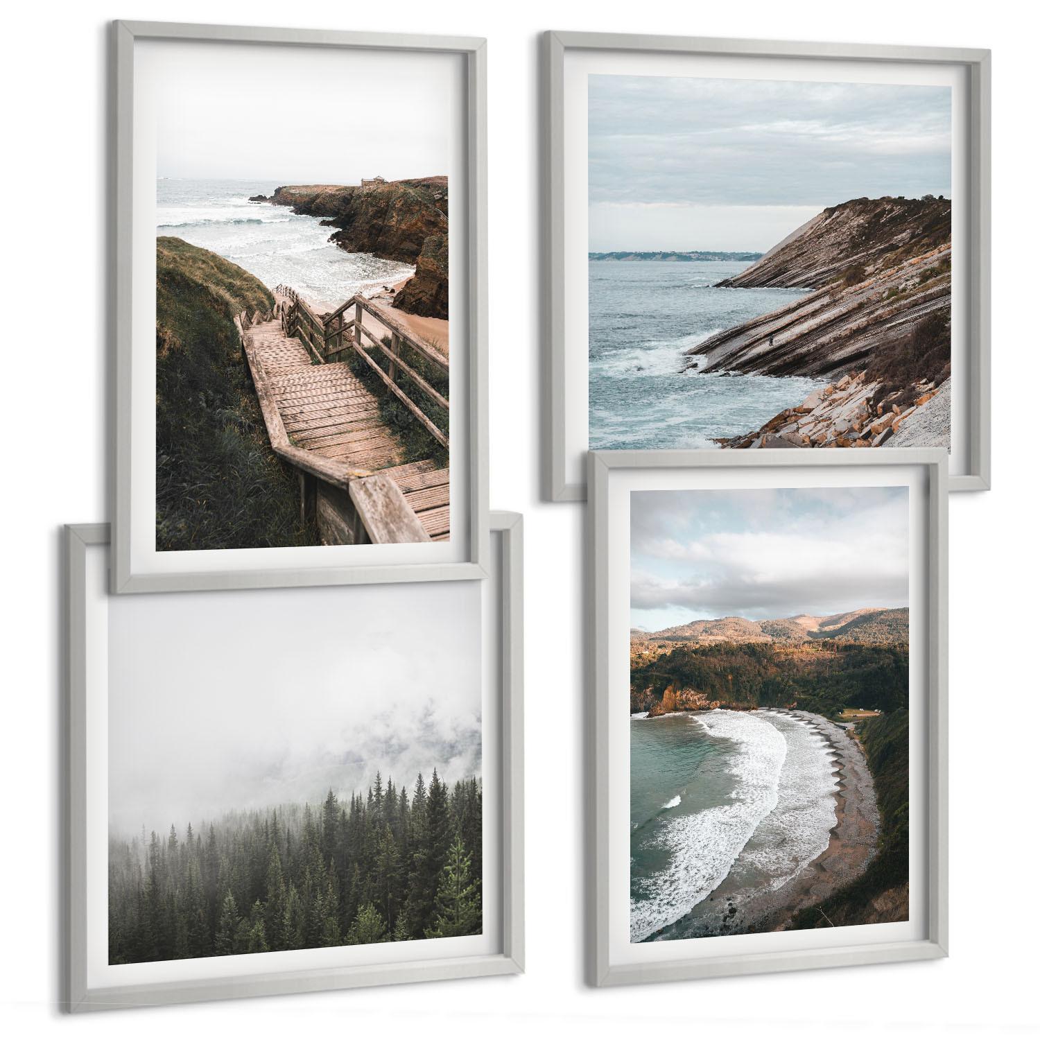 BILDER SET 4er Set - 50x50 cm & 40x60 cm Silberner Rahmen - Klippenblicke, Strandlandschaften - Silberfarben, Kunststoff (50/50cm) - TULUP