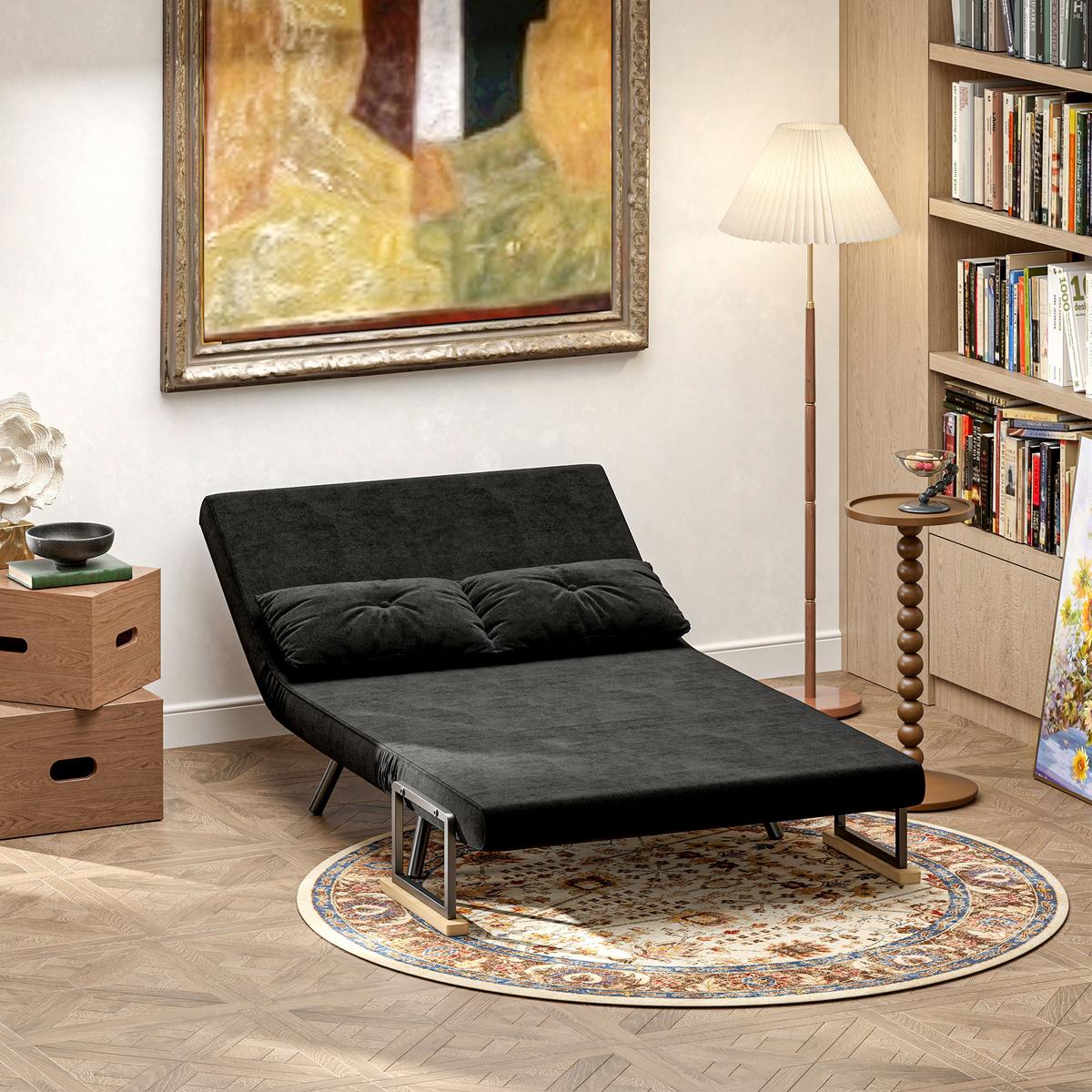 SCHLAFSOFA, Zweisitzer mit Bettfunktion, Schlafcouch mit Samtoptik, Rückenkissen - Schwarz/Naturfarben, Holz/Textil (73/81/102cm) - HOMCOM