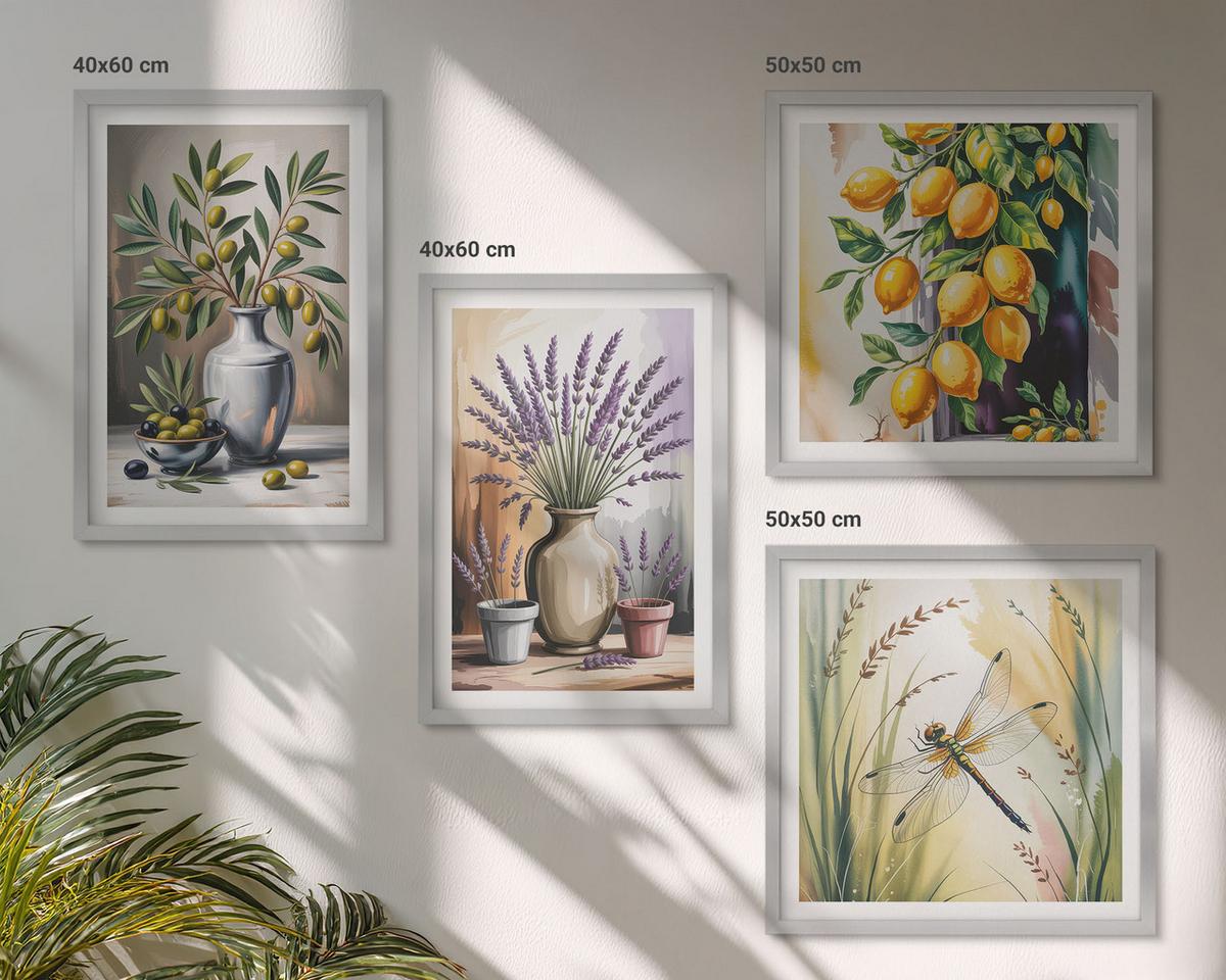 BILDER SET 4er Set - 50x50 cm & 40x60 cm Silberner Rahmen - Olivenblüten in Vasen Natur - Silberfarben, Kunststoff (50/50cm) - TULUP