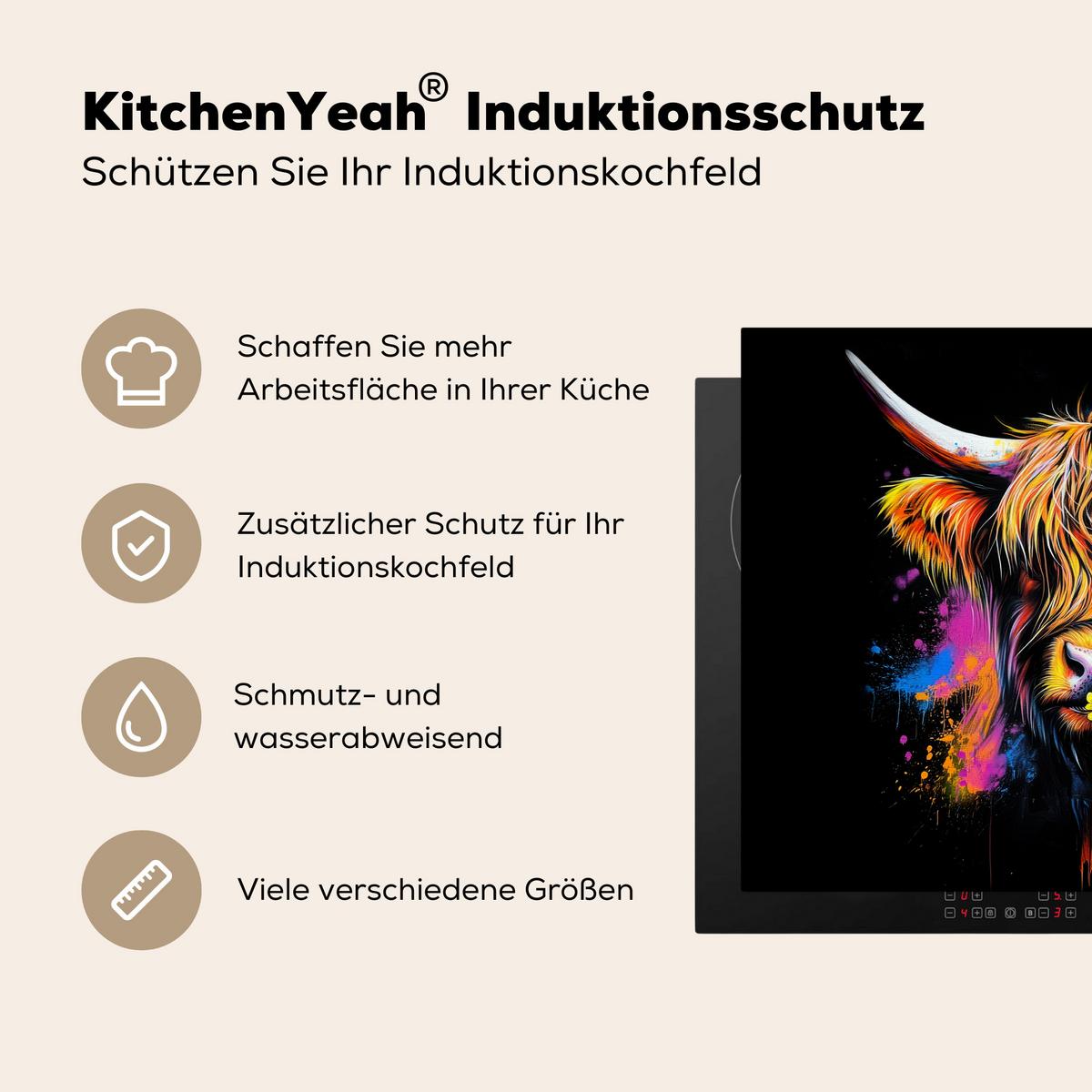 HERDABDECKPLATTE Schottischer Highlander - Graffiti - Bunt - Blume - Tiere Induktionsmatte 77x59 cm - Multicolor, Kunststoff (77/59/0.2cm) - MuchoWow