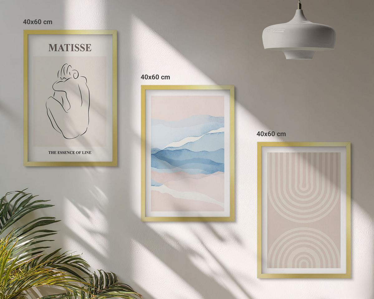 BILDER SET 3er Set - 40x60 cm Goldrahmen - Linien, Wellen, pastellfarbener Minimalismus - Goldfarben, Kunststoff (40/60cm) - TULUP