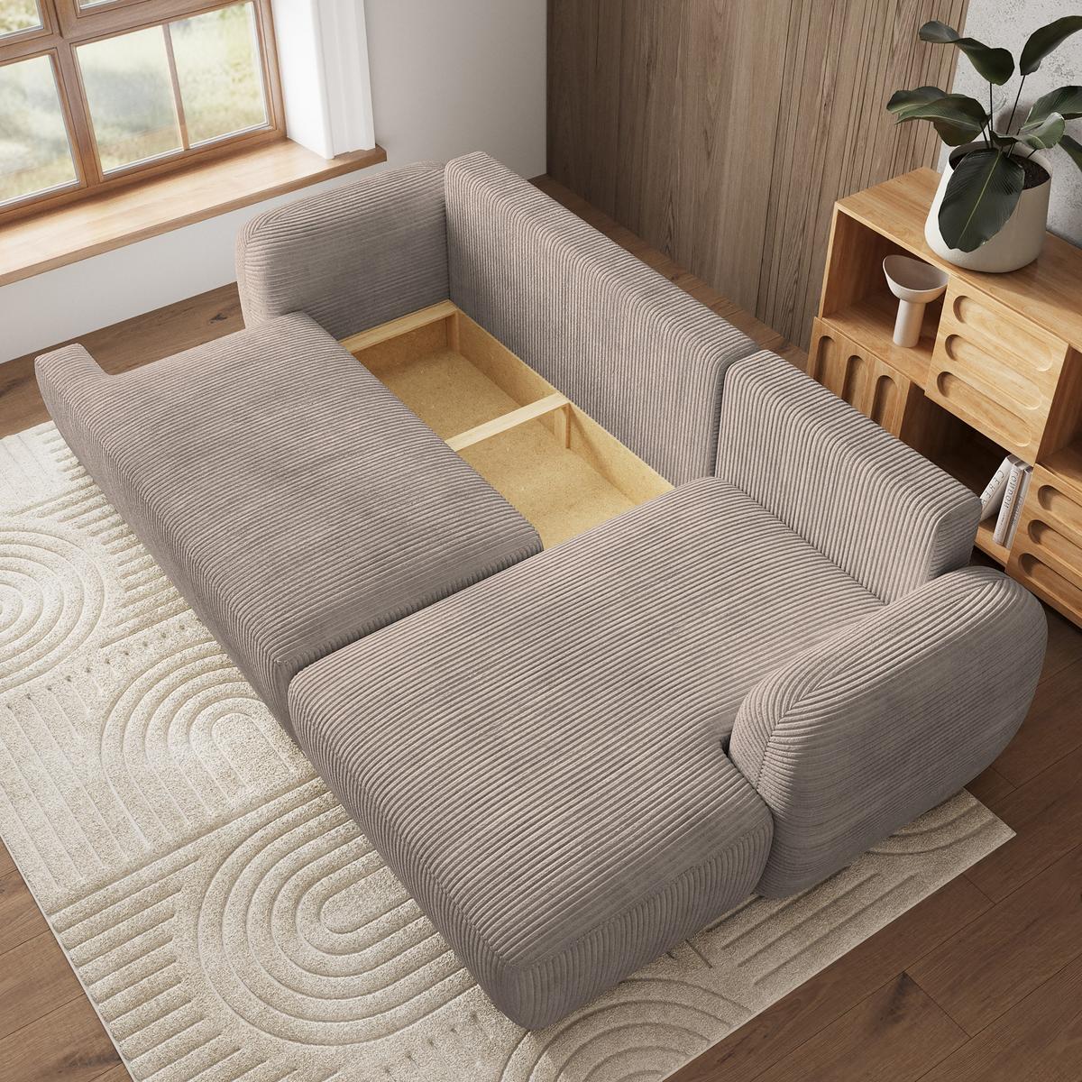 ECKSOFA MODENZA P R-S Beige Kordstoff mit Schlaffunktion - Beige/Schwarz, Holz/Kunststoff (266/148cm) - MASSENO