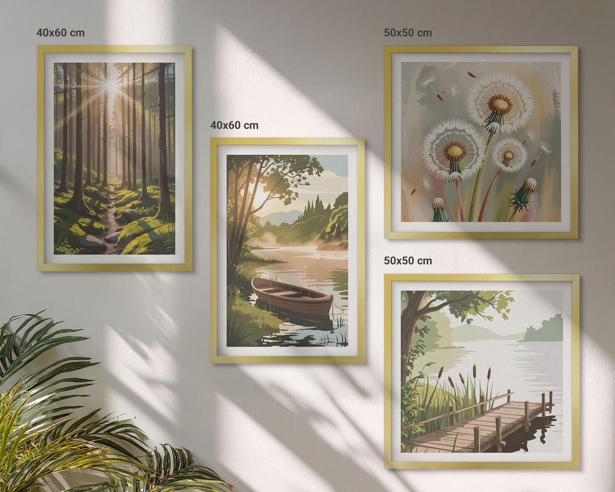 BILDER SET 4er Set - 50x50 cm & 40x60 cm Goldrahmen - Waldlandschaft, See Łódź - Goldfarben, Kunststoff (50/50cm) - TULUP