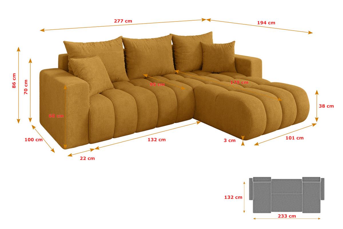 ECKSOFA mit Schlaffunktion Ottomane Rechts MILA-L-v1 277x195x86 Senfgelb Cord - Dunkelgelb/Schwarz, Holzwerkstoff/Kunststoff (277/194cm) - ALTDECOR