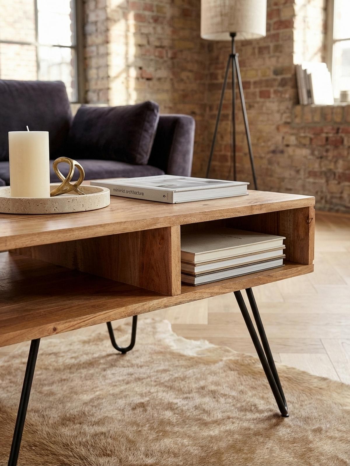 COUCHTISCH aus massivem Akazienholz mit Metallgestell und Stauraum im modernen Design - Beige/Schwarz, Holz/Metall (60/60/40cm) - KADIMA DESIGN