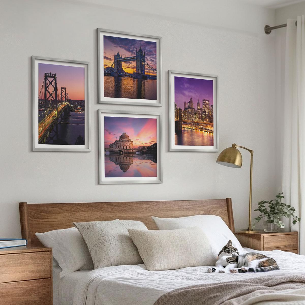 BILDER SET 4er Set - 50x50 cm & 40x60 cm Silberner Rahmen - Brücken, Sonne, Stadtblick - Silberfarben, Kunststoff (50/50cm) - TULUP