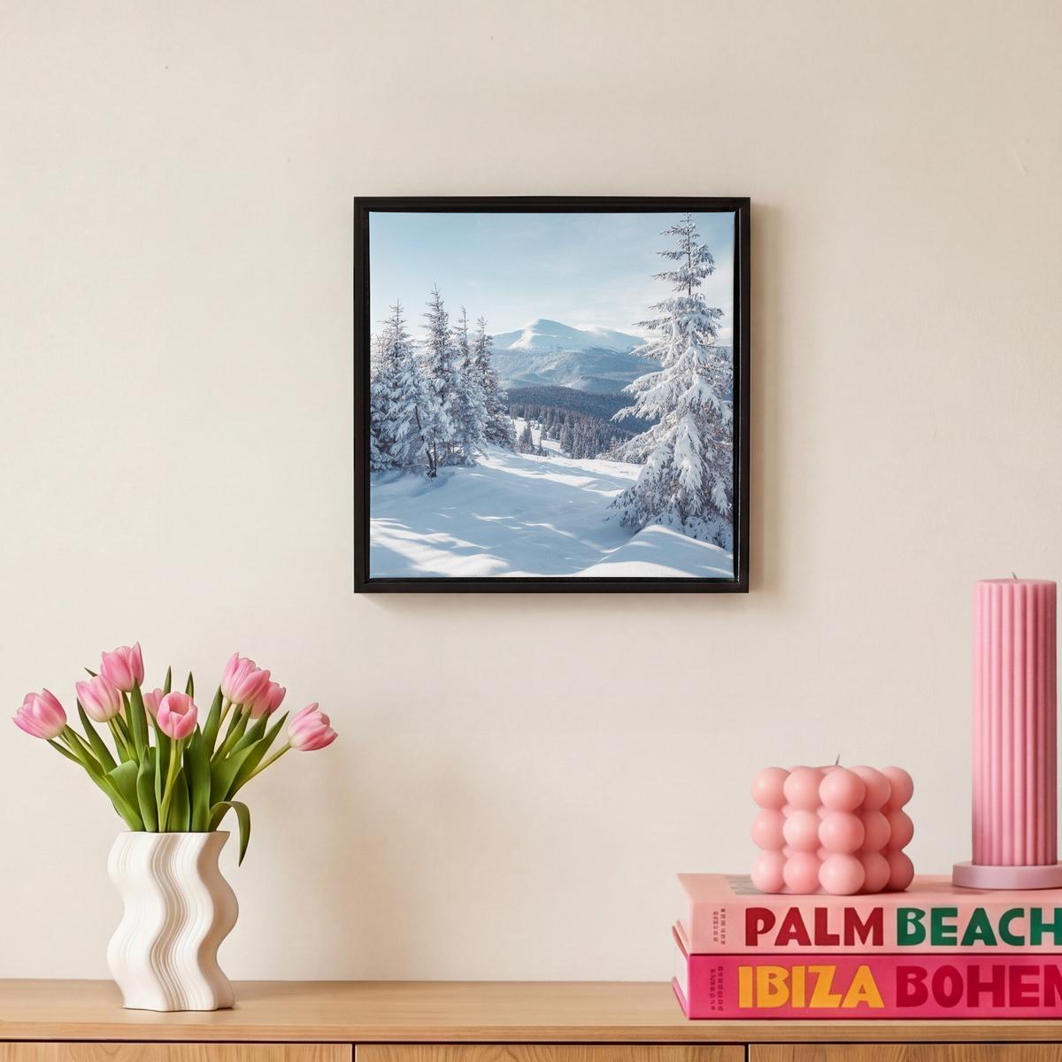 LEINWAND Bilder mit Rahmen - Winterlandschaft - Natur - Berge - Bäume - Schnee - 20x20 - Hellblau, Textil (20/20cm) - MuchoWow