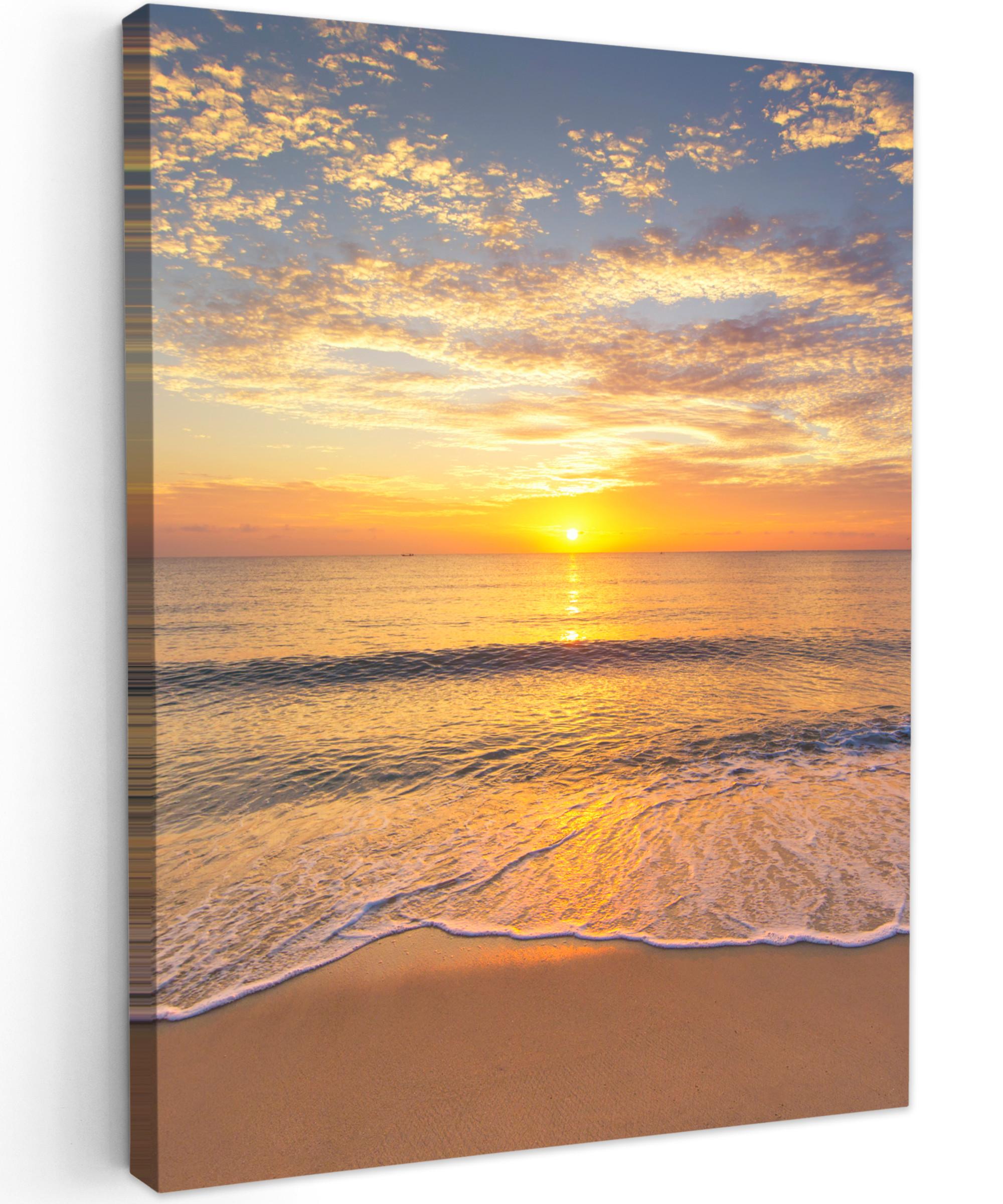 LEINWANDBILD Strand - Sonnenuntergang - Meer Wandbild Wohnzimmer 60x80 cm - Gelb, Textil (60/80cm) - MuchoWow