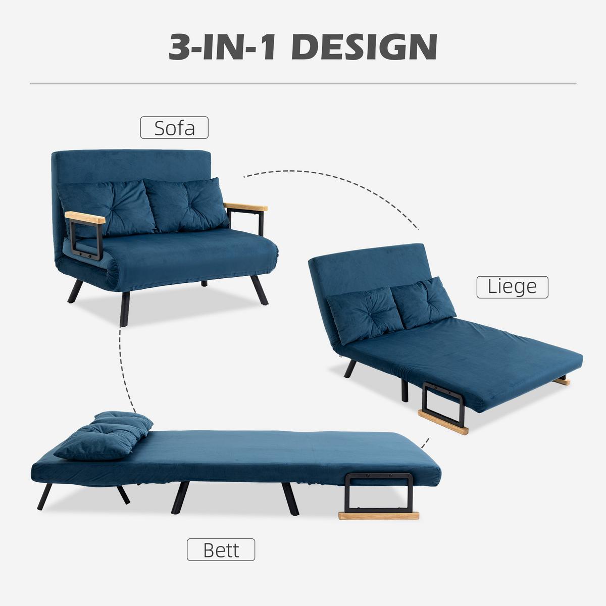 SCHLAFSOFA, Zweisitzer mit Bettfunktion, Schlafcouch mit Samtoptik, Rückenkissen - Blau/Schwarz, Holz/Textil (73/81/102cm) - HOMCOM