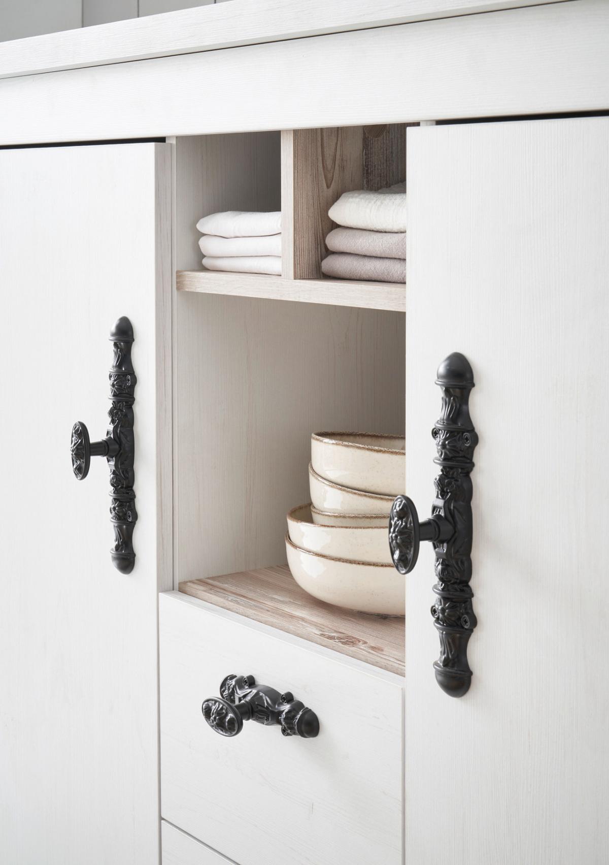 KÜCHENSCHRANK weiß Pinie Landhaus, Küche Unterschrank für Spüle oder Kochfeld, 129 x 92 cm, Soft-Close - Schwarz/Weiß, Holzwerkstoff/Metall (129/92/60cm) - Furn.Design