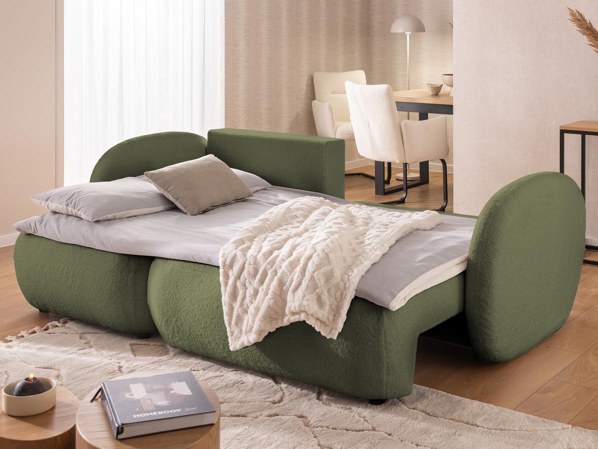ECKSOFA Candy mit Schlaffunktion Grün Bouclé-Stoff - Ottomane links - Schwarz/Grün, Holz/Kunststoff (230/146cm) - S-Style Möbel