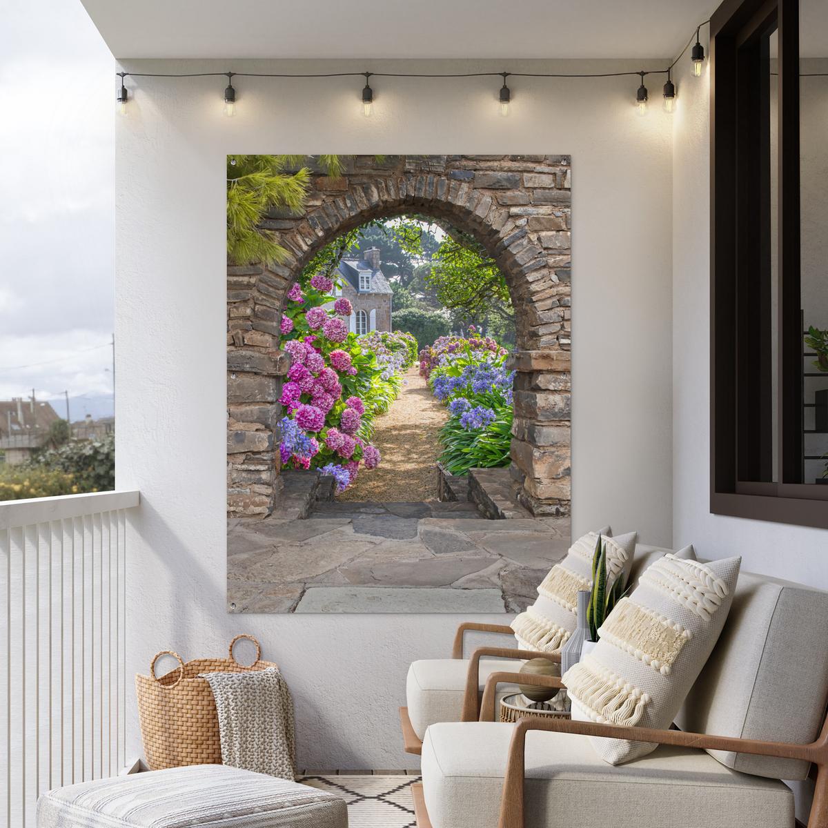 GARTENPOSTER Blumen - Guck-guck - Hortensie - Sommer Gartendekoration 120x160 cm - Braun, Kunststoff (120/160/0.2cm) - OnlyWow