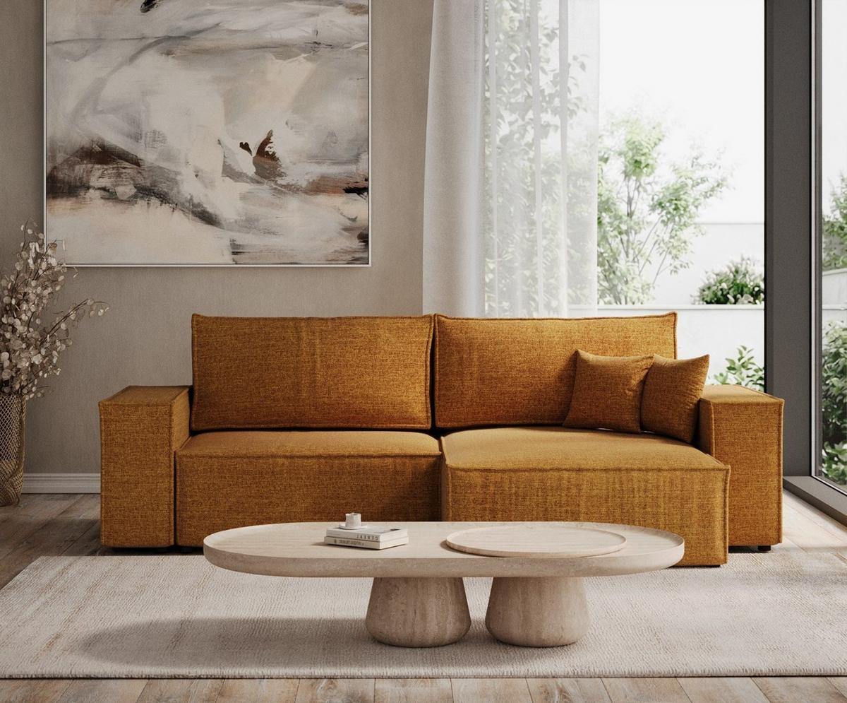 ECKSOFA CAVO mit Schlaffunktion Honiggelb im City Stoff - Schwarz/Honig, Holz/Holzwerkstoff (255/148cm) - AltaBeds