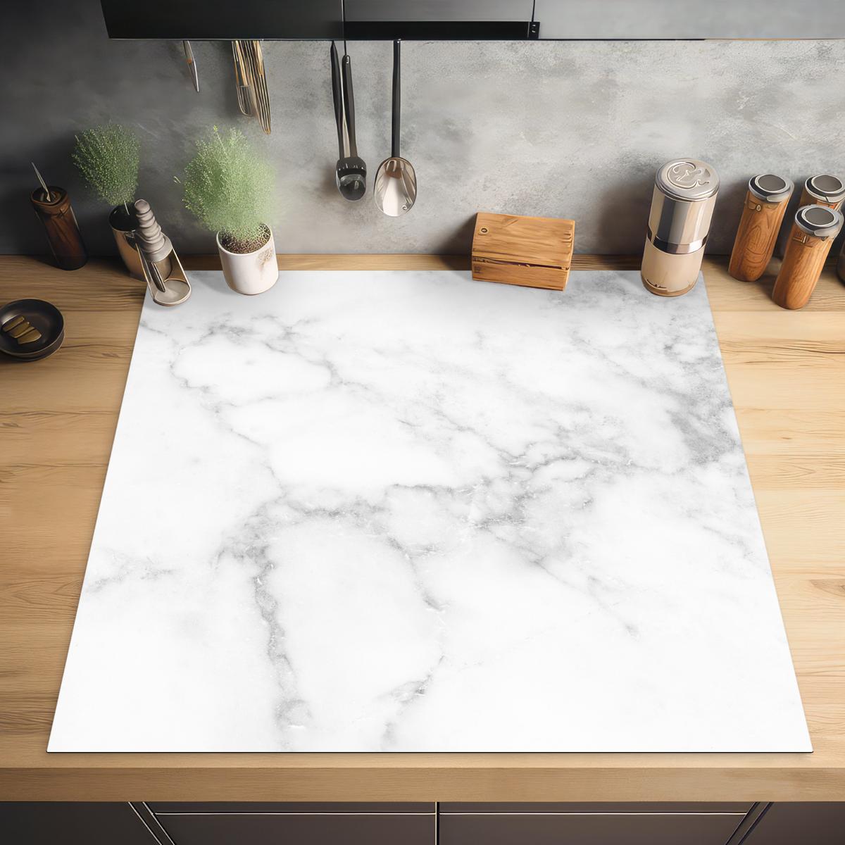 HERDABDECKPLATTE Marmor - Grau - Weiß - Strukturierter Marmor Induktionsmatte 78x78 cm - Weiß, Kunststoff (78/78/0.2cm) - MuchoWow