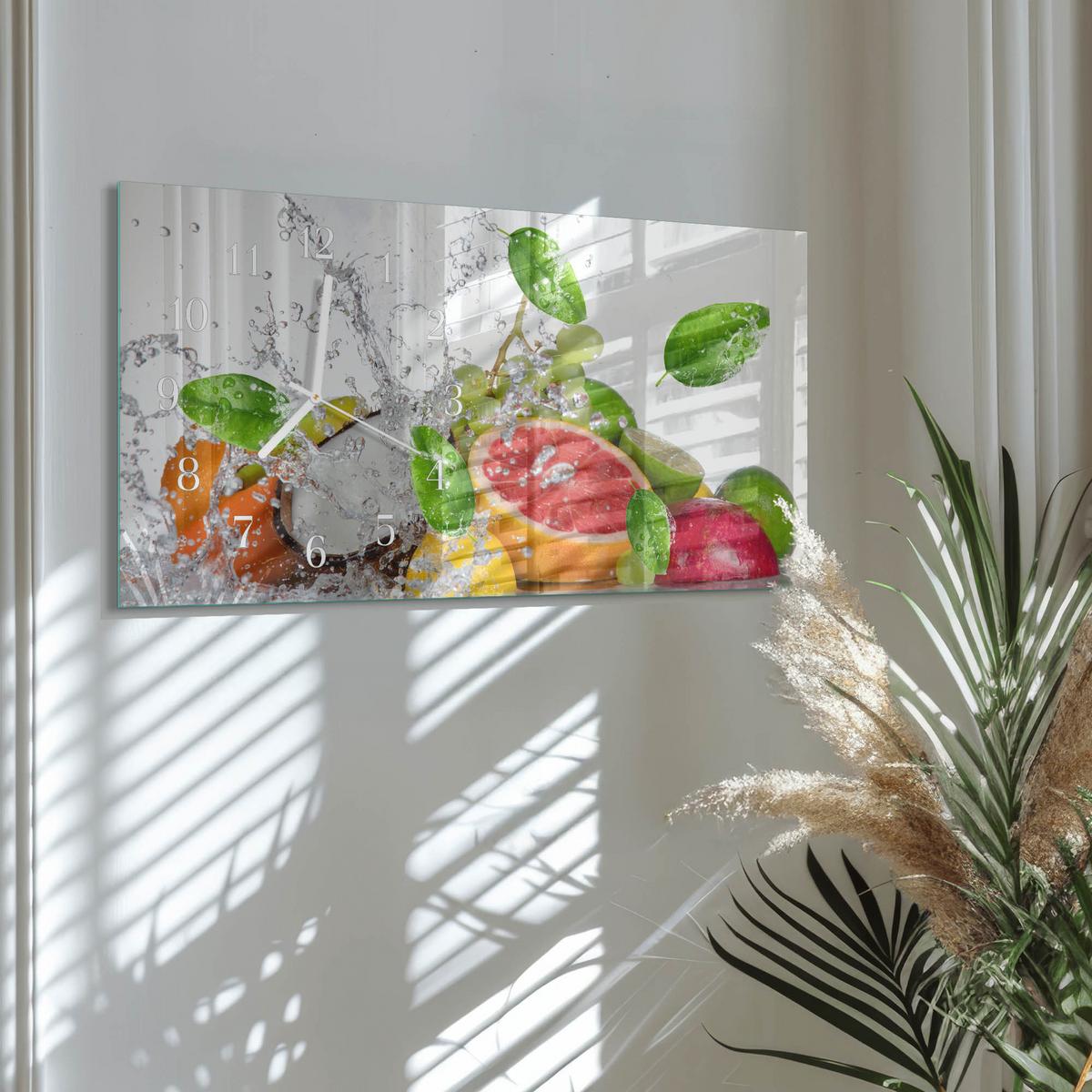 WANDUHR aus Glas 60x30 cm - Früchte auf Wasser - Grün, Glas (60/30/0.4cm) - TULUP