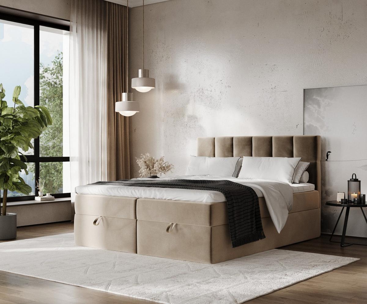 BOXBETT Savio 140/200 cm Taupe im Paros Stoff - Taupe/Schwarz, Holz/Holzwerkstoff (140/200cm) - AltaBeds