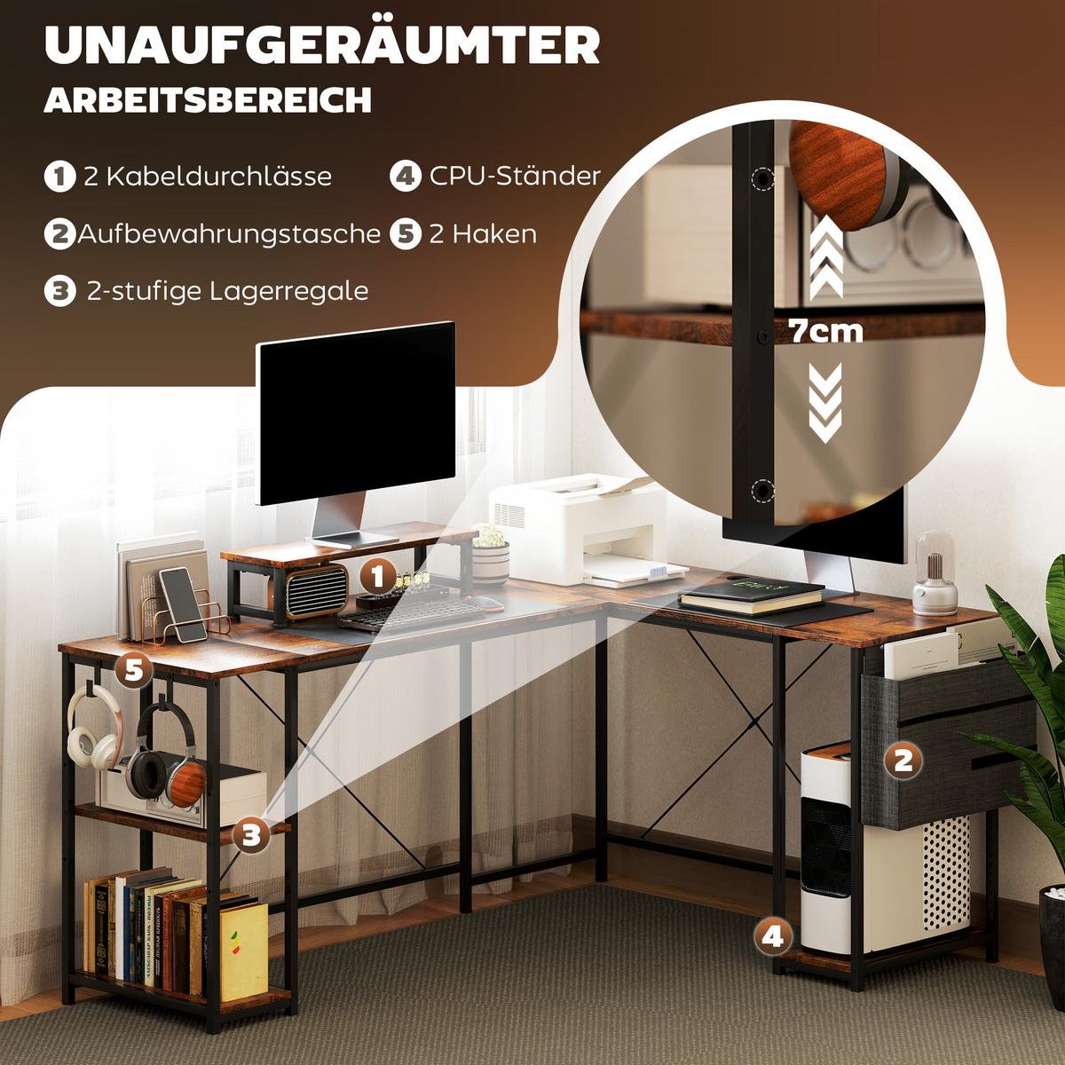L-FÖRMIGER Schreibtisch 168 x 120 cm Eckschreibtisch mit Ablagefächern - Braun, Metall (168/120/90cm) - HOMCOM