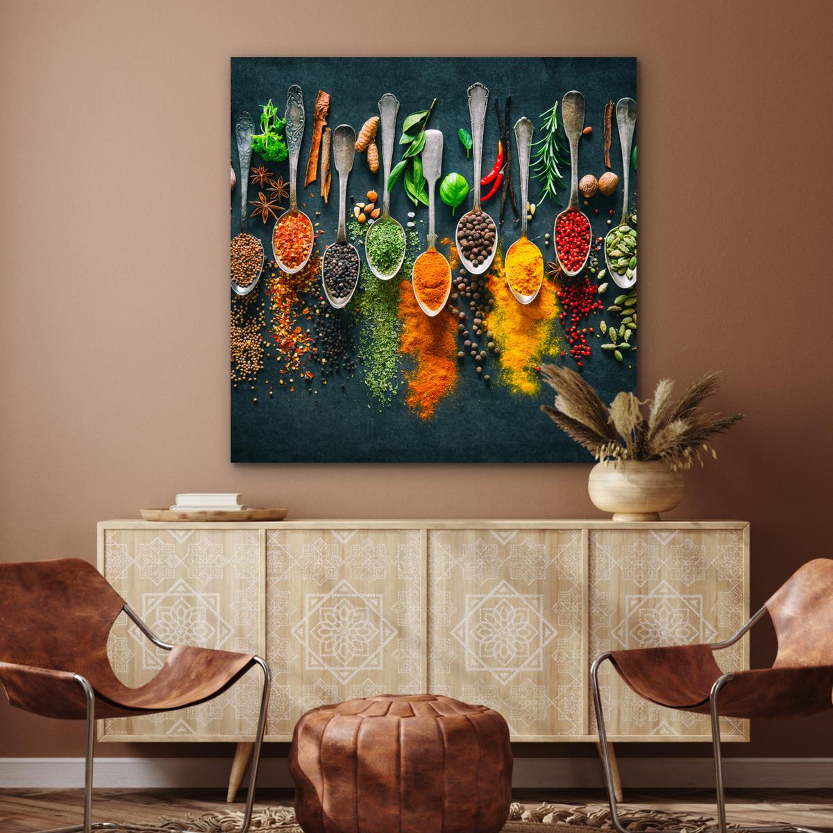 METALLBILD Kräuter - Gewürze - Löffel 90x90 cm - Currygelb, Metall (90/90cm) - MuchoWow