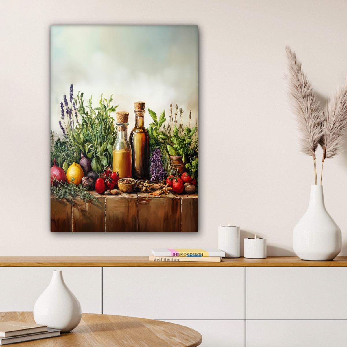 LEINWANDBILD Stilleben - Kräuter - Gewürze - Früchte - Farbenfroh Wandbild Wohnzimmer 60x80 cm - Grün, Textil (60/80cm) - MuchoWow