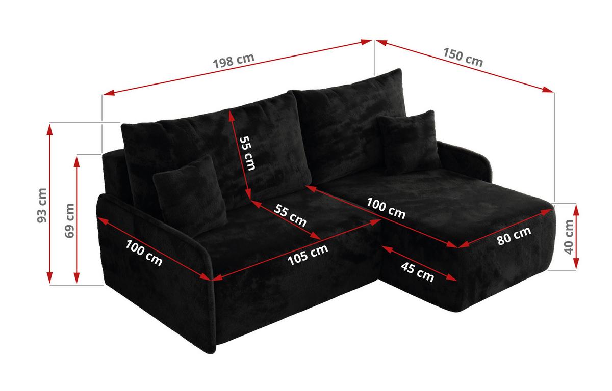 ECKSCHLAFSOFA ARPA L Schwarz Plüsch - links - Schwarz, Kunststoff/Textil (198/150cm) - MKS