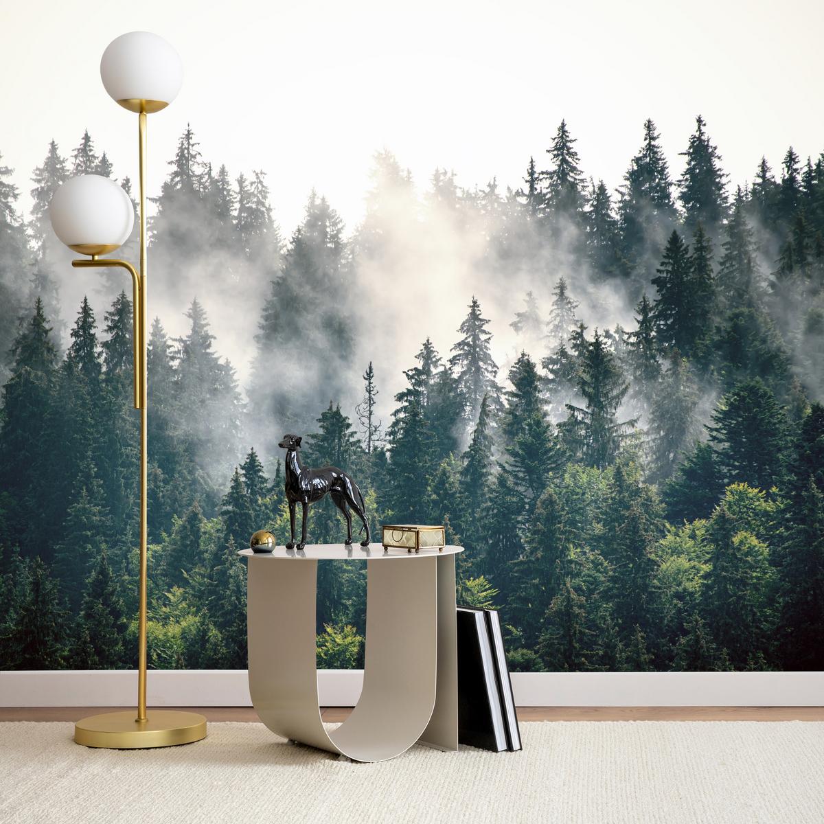 FOTOTAPETE für Wohnzimmer Nebeliger Nadelwald Berg Mystik Bäume 200x140 - Weiß/Grün, Papier (200/140cm) - Muralo