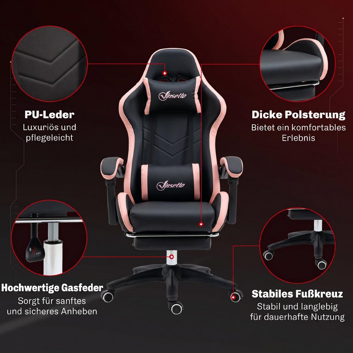 GAMING-CHAIR Kunstleder Schaumstoff Nylon Stahl Schwarz Blau - Schwarz, Kunststoff (65/129/65cm) - Vinsetto