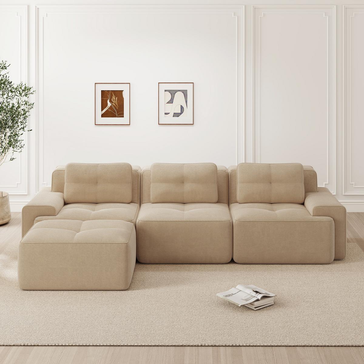 ECKSOFA Modulares Boneless L-Form Cloud-Sofa mit Ottoman Cord - Beige, Textil (293/177cm) - Urban Meuble